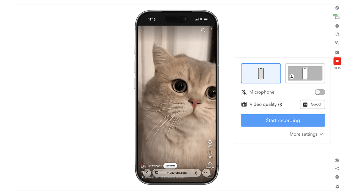 Mobile FIRST video recording panel: framing, microphone, video quality, and start button