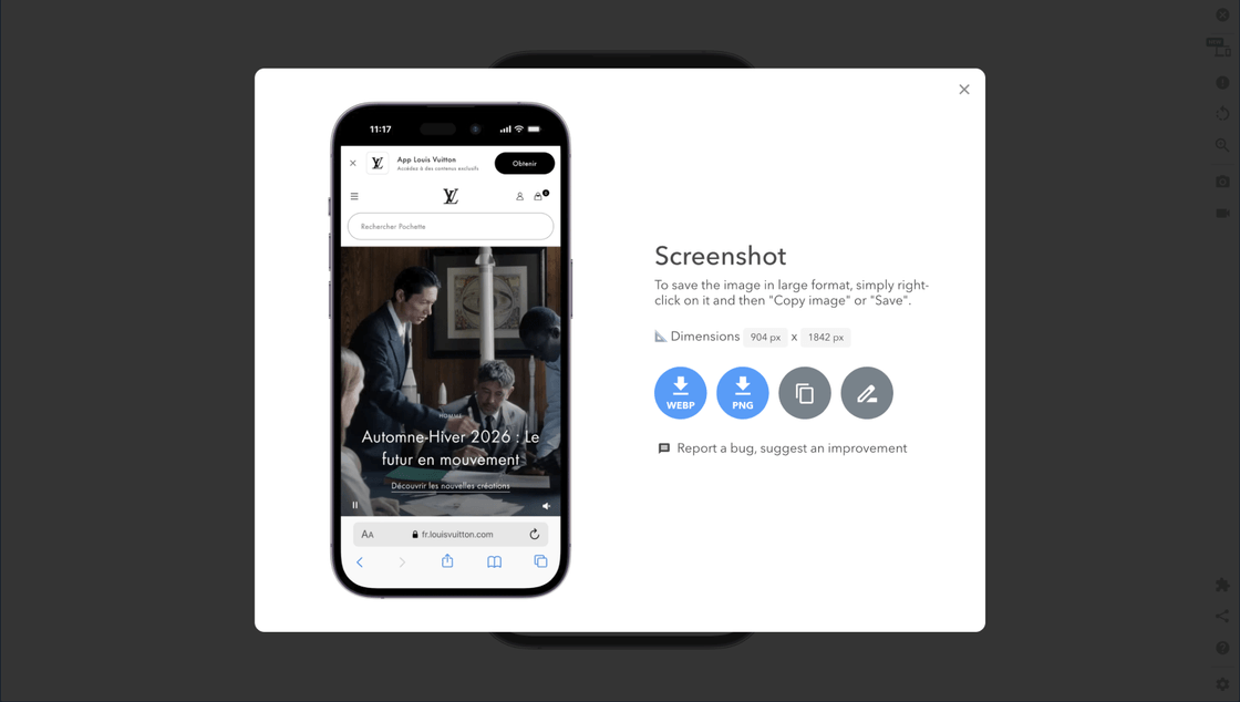 Screenshot exported from Mobile FIRST, with its dimensions and WEBP and PNG downloads