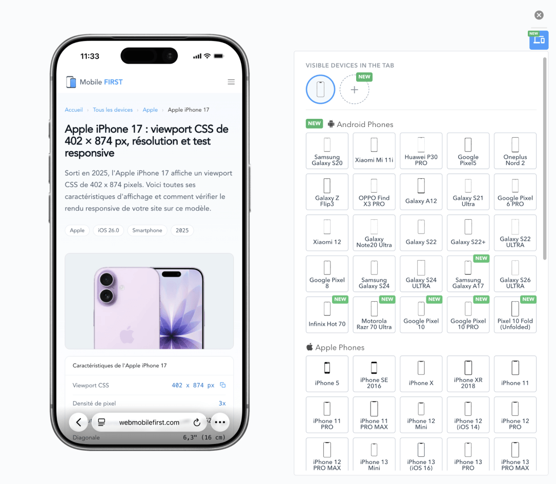 The Mobile FIRST simulator open in Chrome: a smartphone displaying a site in mobile version, and the Android and Apple device selection panel
