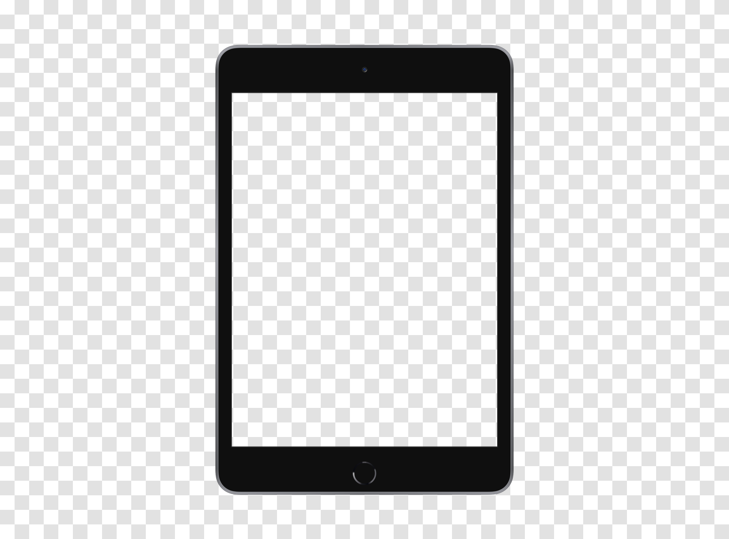 正面から見たApple iPad Mini (6th Gen)モックアップ、空の画面と透明な背景、透明性を示すチェッカーボード上